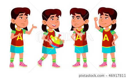 Asian Girl Kindergarten Kid Poses Set Vector. Preschooler Playing. Friendship. For Web, Poster 46917811
