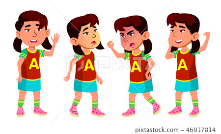 Asian Girl Kindergarten Kid Poses Set Vector. Baby Expression. Preschooler. Life. For Postcard 46917814