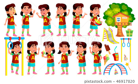 Asian Girl Kindergarten Kid Poses Set Vector. Preschool. Young Person. Cheerful. Playground. For Web 46917820
