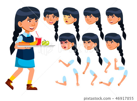 Asian Girl, Child, Kid, Teen Vector. Modern Uniform. Educational, Study. Face Emotions, Various 46917855