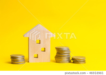 coins and wooden house on a yellow background 46918981