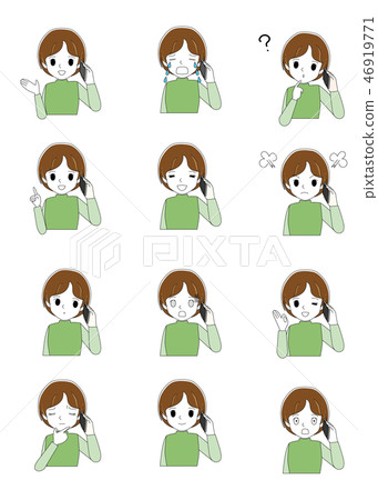 A woman who talks on smartphone with various expressions and poses 46919771