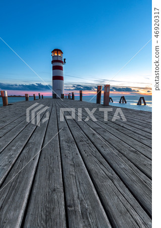 Wooden path to lighthouse at Podersdorf am See Wooden path to lighthouse at Podersdorf am See 46920317