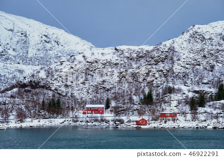 Red rorbu houses in Norway in winter Red rorbu houses in Norway in winter 46922291