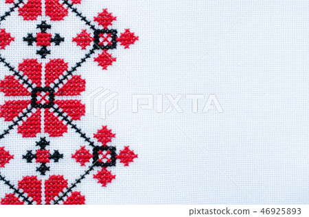 Embroidery on White Linen by Red and Black Threads Embroidery on White Linen by Red and Black Threads 46925893