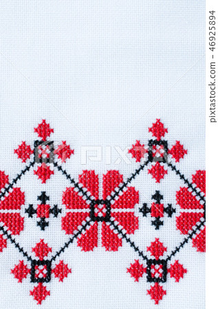 Embroidery on White Linen by Red and Black Threads Embroidery on White Linen by Red and Black Threads 46925894