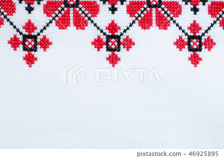Embroidery on White Linen by Red and Black Threads 46925895
