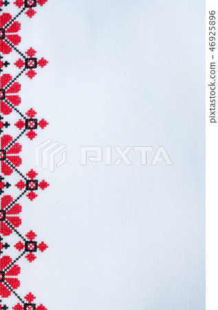 Embroidery on White Linen by Red and Black Threads 46925896