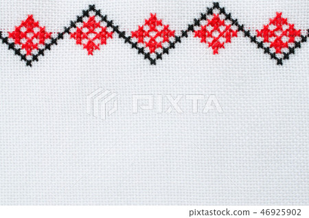 Embroidery on White Linen by Red and Black Threads 46925902