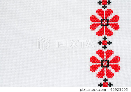 Embroidery on White Linen by Red and Black Threads 46925905