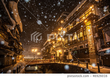 «Yamagata Prefecture Ginzan Hot Spring» A night view of the snow dancing Ginzan hot spring 46926016