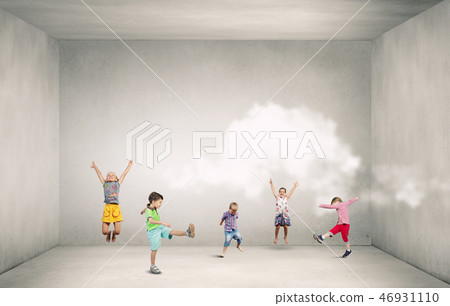 Playful children catch balloons Playful children catch balloons 46931110