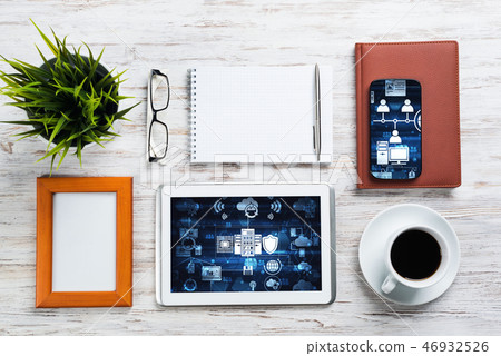 Business still life concept with office stuff on wooden table 46932526