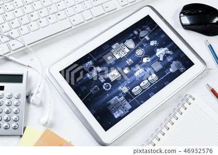 Business still life concept with office stuff on wooden table Business still life concept with office stuff on wooden table 46932576
