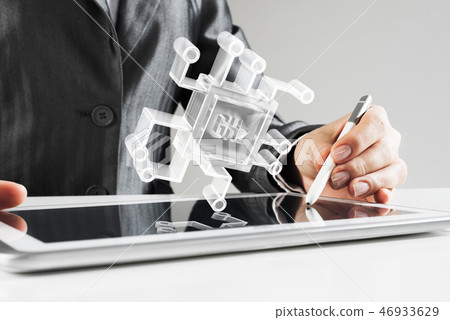 Female hands using graphics tablet and glass icons fly in air. Mixed media Female hands using graphics tablet and glass icons fly in air. Mixed media 46933629