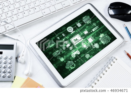 Business still life concept with office stuff on wooden table Business still life concept with office stuff on wooden table 46934671