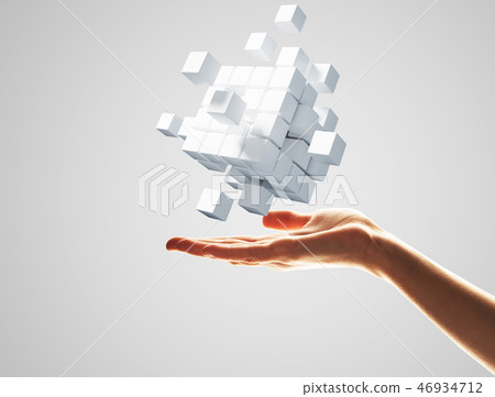 Cube white figure in male palm as symbol for integration. 3D rendering Cube white figure in male palm as symbol for integration. 3D rendering 46934712