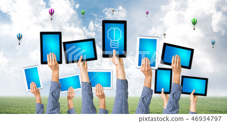 Close of businessman hands in line showing tablet pc with blank blue screen Close of businessman hands in line showing tablet pc with blank blue screen 46934797