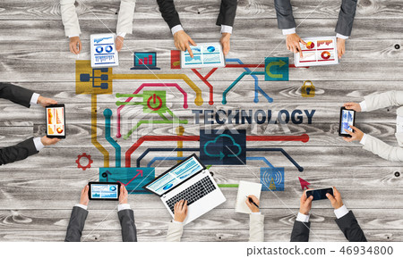 Top view of businesspeople sitting at table and using gadgets Top view of businesspeople sitting at table and using gadgets 46934800