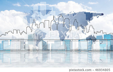Concept of global communication and networking with world map over cityscape Concept of global communication and networking with world map over cityscape 46934805