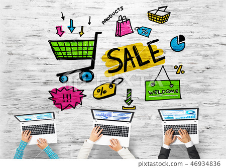 Top view of businesspeople sitting at table and using gadgets 46934836