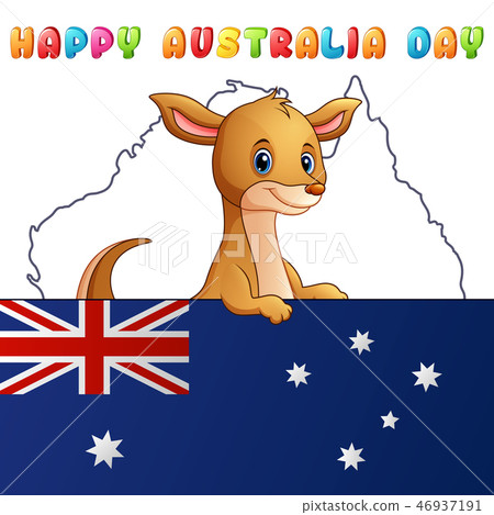 Cartoon cute kangaroo behind a flag on map 46937191