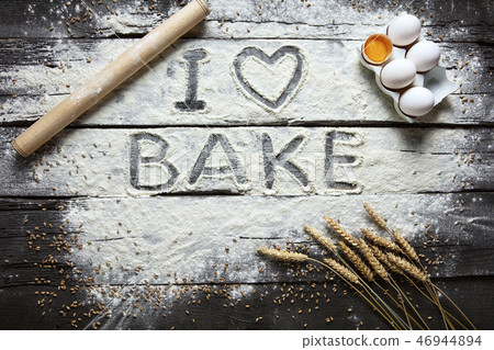 Still life with bread, flour and spikelets Still life with bread, flour and spikelets 46944894