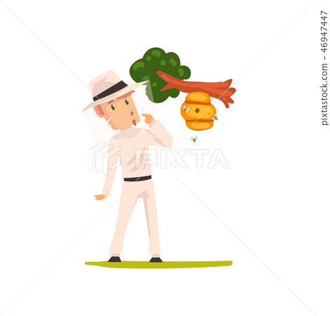 Beekeeper man looking at the hive hanging on a tree branch, apiculture and beekeeping concept vector Beekeeper man looking at the hive hanging on a tree branch, apiculture and beekeeping concept vector 46947447