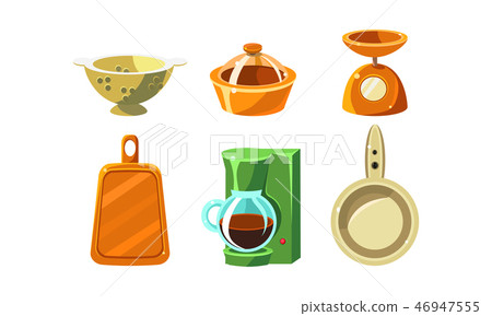 Kitchen utensils set, cooking tools, colander, scales, coffee maker, cutting board, frying pan Kitchen utensils set, cooking tools, colander, scales, coffee maker, cutting board, frying pan 46947555