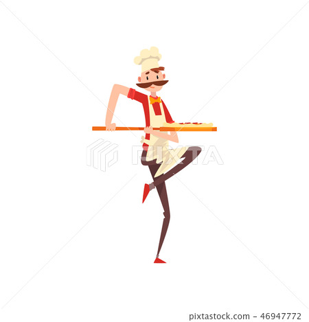Chef carrying pizza on a stove shovel, pizza maker character, stage of preparing Italian pizza 46947772
