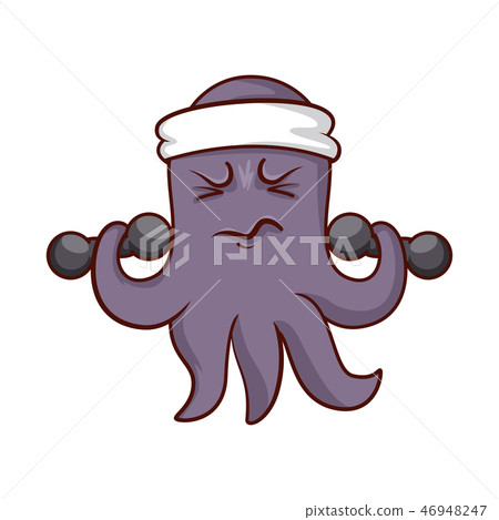 Funny purple octopus with headband on head, doing exercise with dumbbells. Humanized marine animal 46948247
