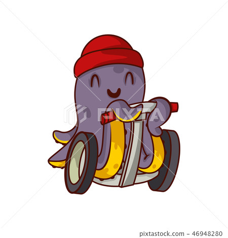 Happy purple octopus riding on self-balancing scooter. Humanized marine animal in red hat. Cartoon 46948280
