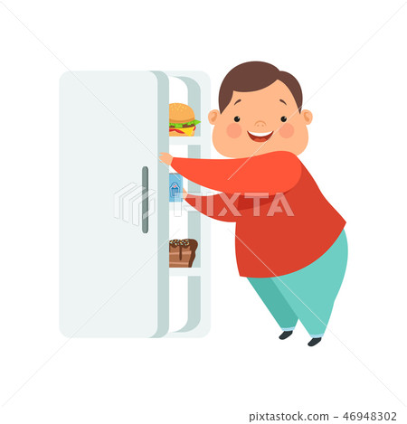 Overweight boy opening fridge with junk food, cute chubby child cartoon character vector Overweight boy opening fridge with junk food, cute chubby child cartoon character vector 46948302
