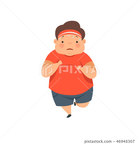 Overweight sweaty boy running, cute chubby child cartoon character vector Illustration on a white Overweight sweaty boy running, cute chubby child cartoon character vector Illustration on a white 46948307
