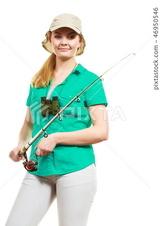 Woman with fishing rod, spinning equipment Woman with fishing rod, spinning equipment 46950546