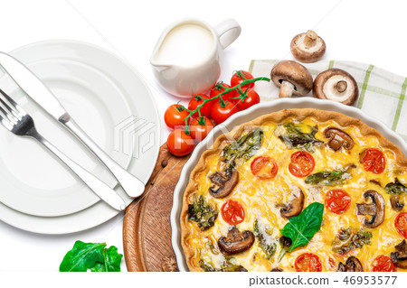 Baked homemade quiche pie in ceramic baking form Baked homemade quiche pie in ceramic baking form 46953577