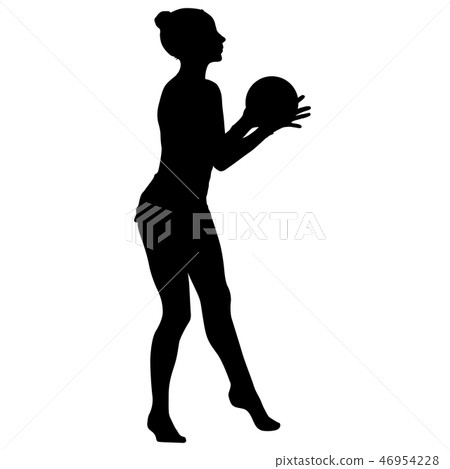 Silhouette girl gymnast with the ball on white  46954228