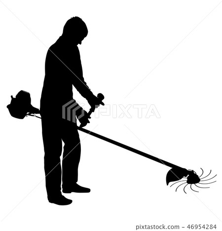 Silhouette worker of a garden cuts off grass. 46954284