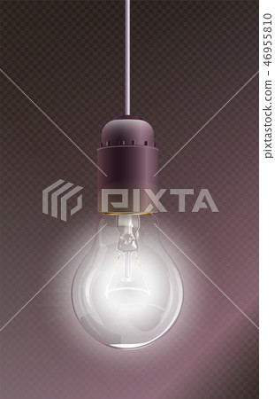 Hanging glowing transparent electric light bulb with lamp holder. Realistic style. 46955810