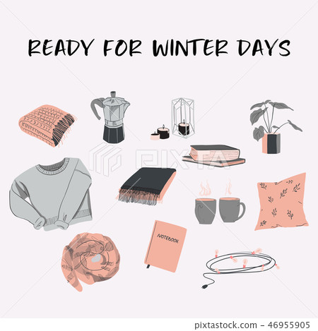 Vector winter days at home illustration. Flat sketch with blanket, plant, books, garland and other 46955905