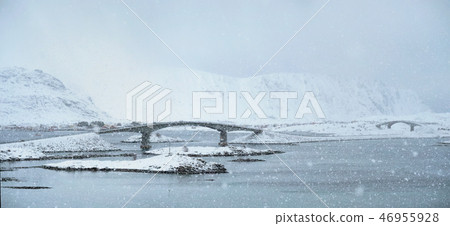 Snowfall on Lofoten islands, Norway 46955928