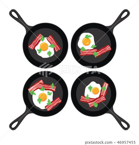 vector set of pans with fried eggs and bacon vector set of pans with fried eggs and bacon 46957455