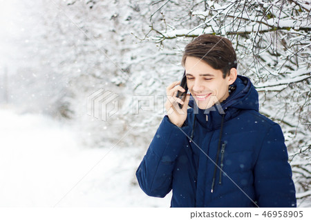 tourist makes selfie in winter forest 46958905