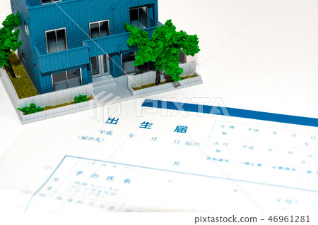Life style image Birth certificate and model of house Life style image Birth certificate and model of house 46961281