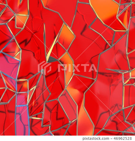 Abstract 3d rendering of chaotic red glass windows landscape structure with golden frame. Futuristic 46962528
