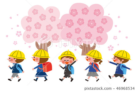 Cherry blossoms with children carrying a school bag 46968534
