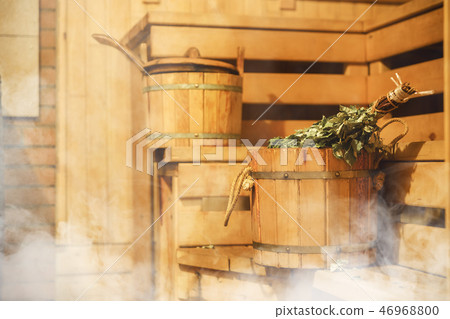 Interior of Finnish sauna, classic wooden sauna, Relax in hot sauna 46968800