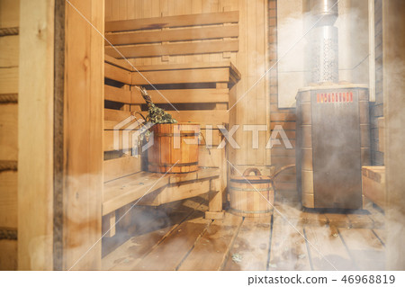Interior of Finnish sauna, classic wooden sauna, Relax in hot sauna 46968819