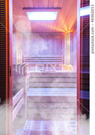 Interior of Finnish sauna, classic wooden sauna, Relax in hot sauna Interior of Finnish sauna, classic wooden sauna, Relax in hot sauna 46968853