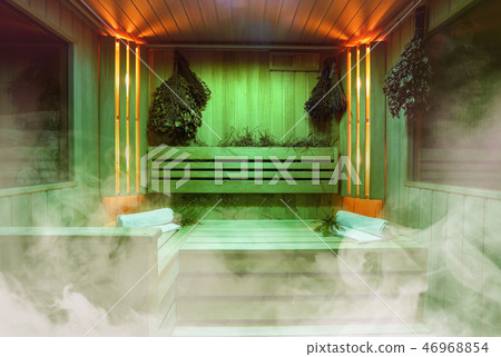 Interior of Finnish sauna, classic wooden sauna, Relax in hot sauna Interior of Finnish sauna, classic wooden sauna, Relax in hot sauna 46968854